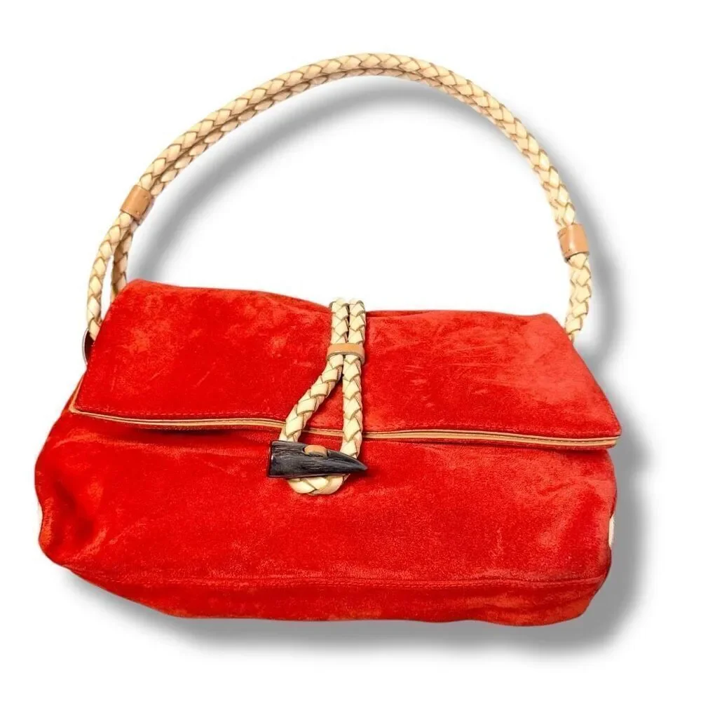 BURBERRY Suede Haymarket Check Horn Toggle Braided Leather Shoulder Bag Red